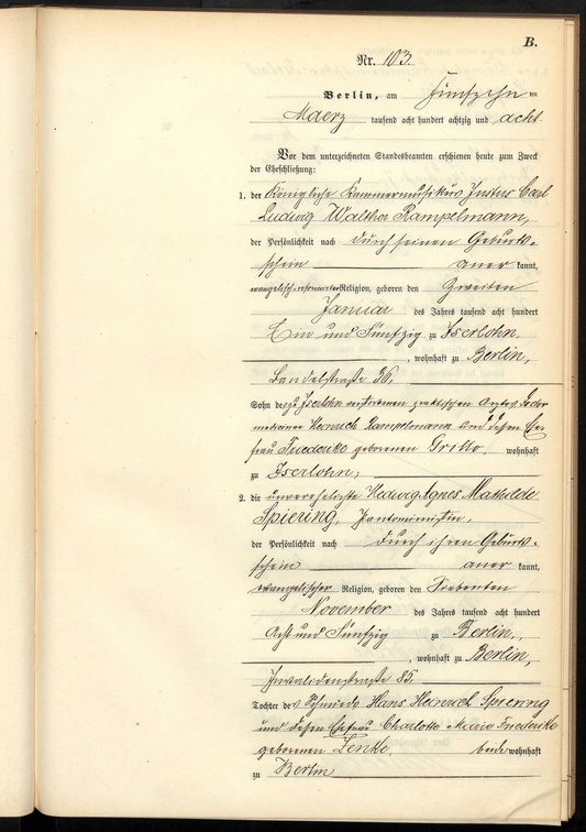 Rampelmann Walther Heiratsurkunde 1888 Seite 1