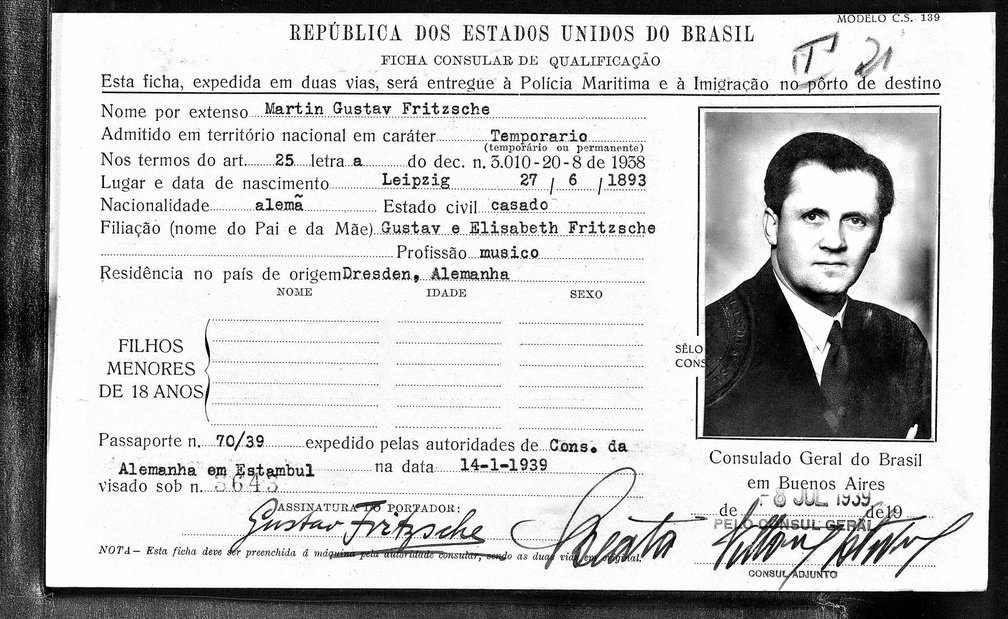 Fritzsche Gustav 1893 1969 Einbuergerung Brasilien 1939