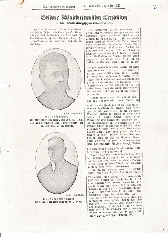 Paepke Gustav 1853 1933 Zeitung 29.12.1935 Seite 1