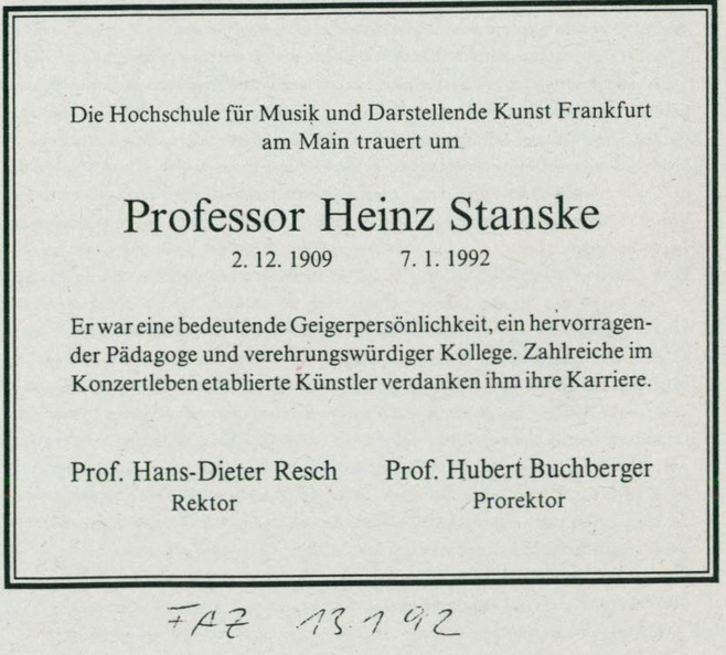Stanske Heinz Traueranzeige 1992