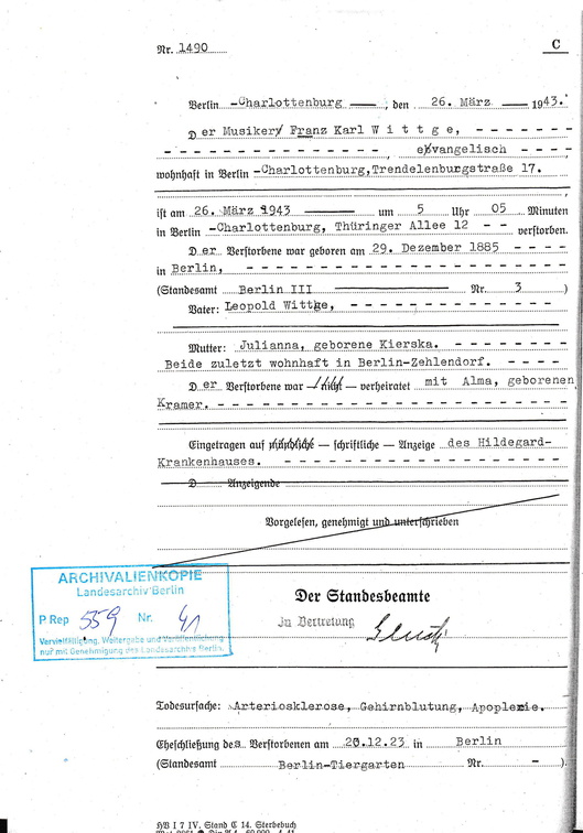 Wittge Franz 1885 1943 Sterbeurkunde