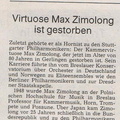 Zimolong Max 1905 1986 Nachruf Stuttgarter Nachricht 13.02.1986