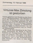 Zimolong Max 1905 1986 Nachruf Stuttgarter Nachricht 13.02.1986