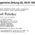 Peischel Josef Todesanzeige Tod 07.07.1969