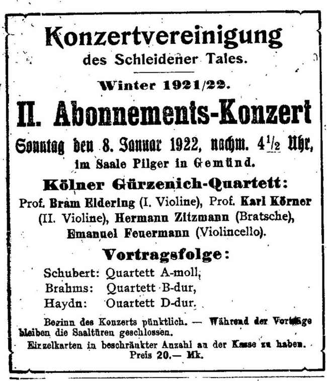 Guerzenich-Quartett Konzertanzeige 08.01.1922