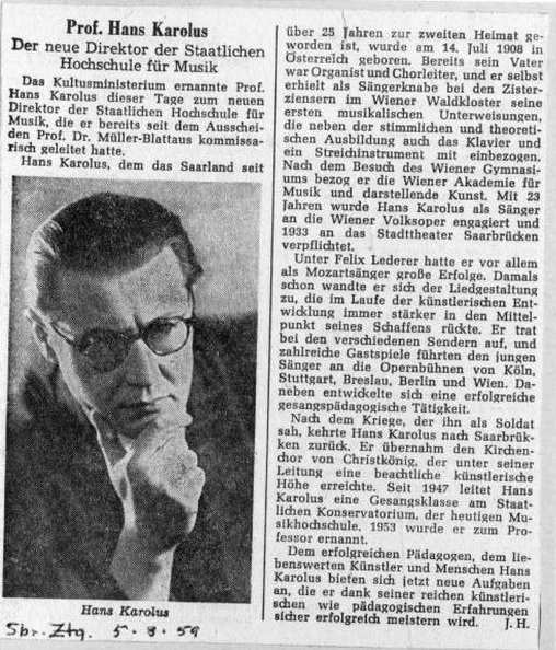 Karolus Hans Saarbruecker Zeitung 1959 Rektor HfM Saar