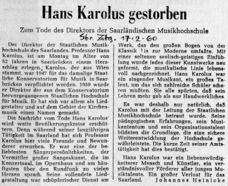 Karolus Hans Saarbruecker Zeitung 1960 Erster Bericht
