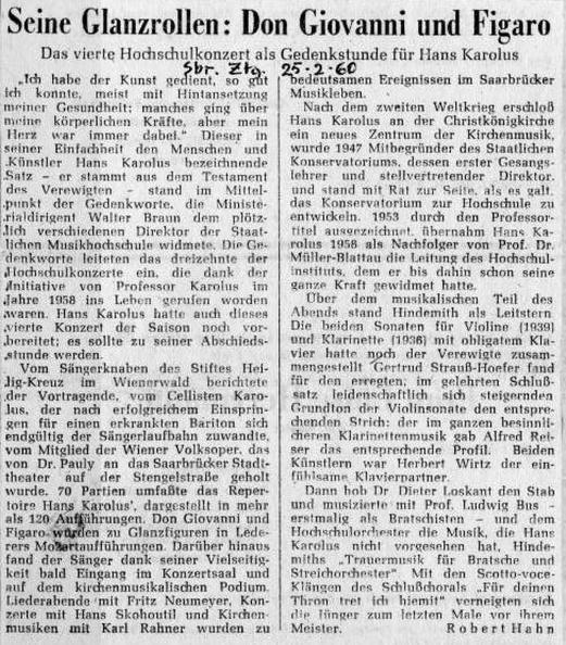 Karolus Hans Saarbruecker Zeitung 1960 Zweiter Bericht