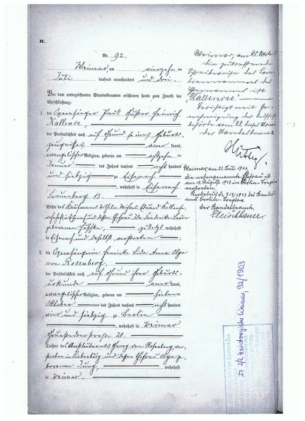 Kallensee Olga 1874 1943 Heiratsurkunde 1903 Seite 1