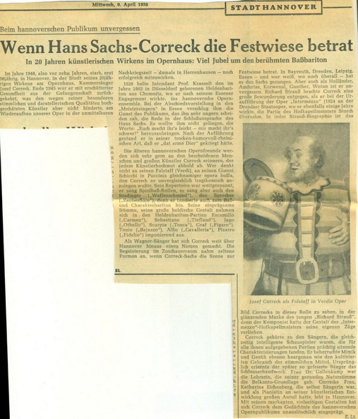 Correck Josef 1892 1948 Zeitungsberichtt 09.04.1958