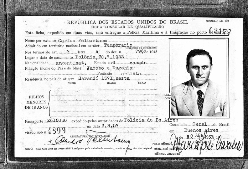 Feller Felberbaum Carlos 30.07.1922 Einwanderungskarte Brasilien
