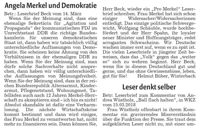 Leserbrief Angela Merkel und Demokratie