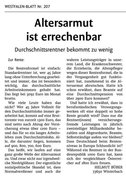 Leserbrief Altersarmut ist errechenbar Westfalenblatt 06.09.2018