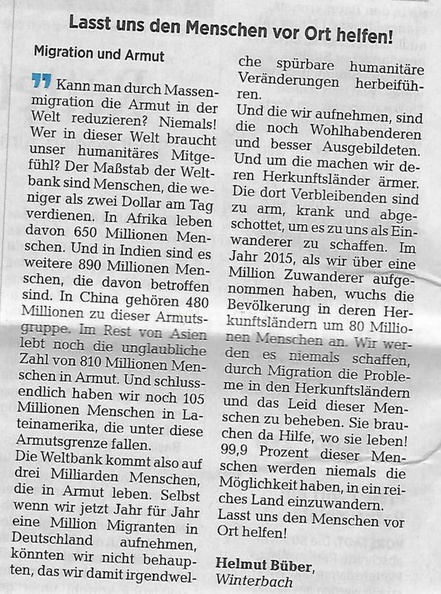 Leserbrief Migration und Armut Kieler Nachrichten 16.11.2018