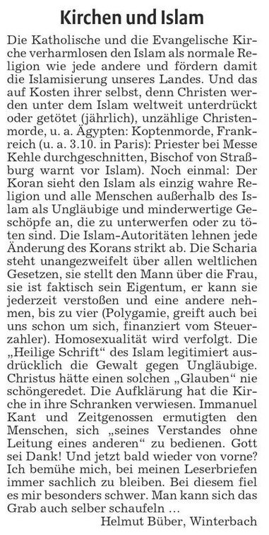 Leserbrief Kirchen und Islam 23.10.2019