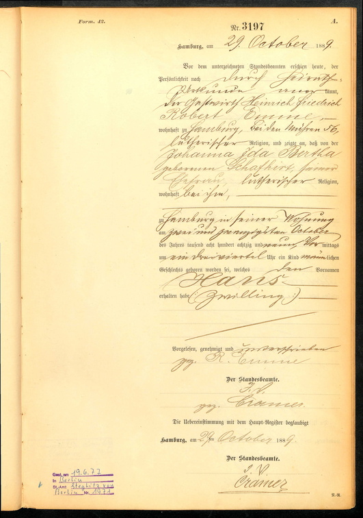 Emme Hans Geburtsurkunde 22.10.1889 mit Sterbevermerk