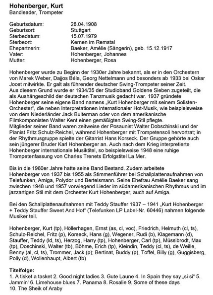Hohenberger Kurt Trompeter Bandleader 1908 - 1979 Kurzbiographie Seite 1