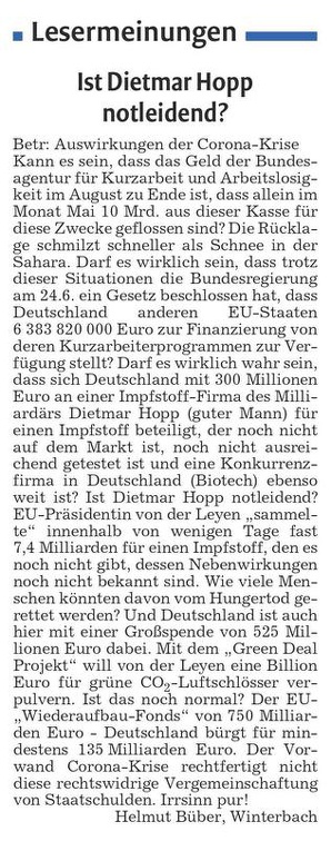 Leserbrief Ist Dietmar Hopp notleidend Waiblinger Kreiszeitung 01.07.2020