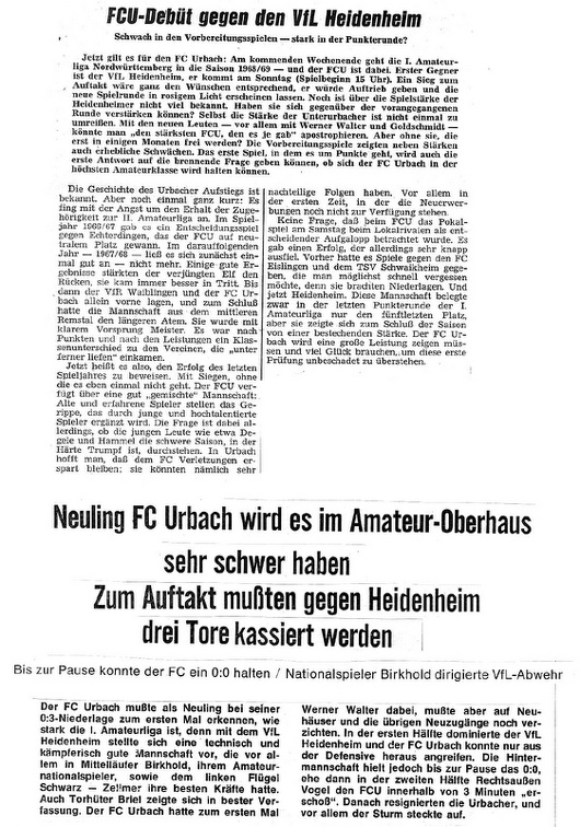 FCTV Urbach VfL Heidenheim am 18.08.1968 Vorbericht und Bericht