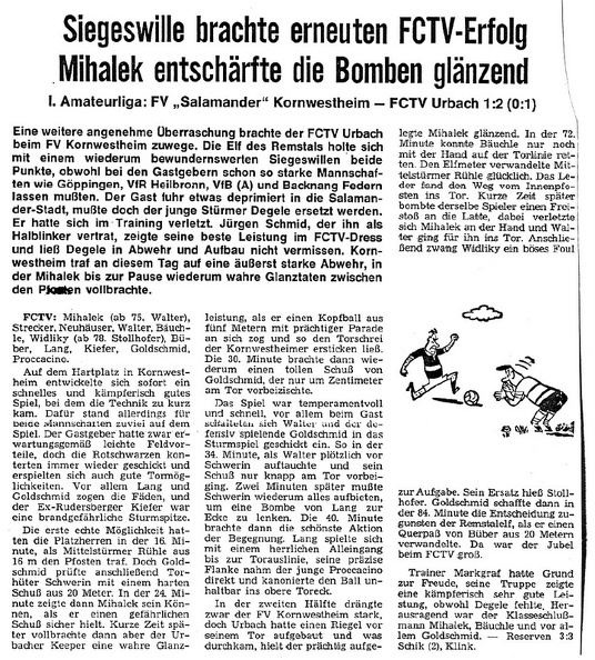 FV Kornwestheim FCTV Urbach 22.12.1968 Erster Bericht