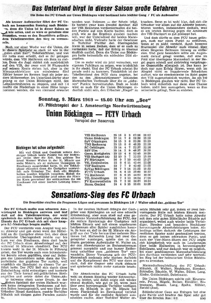 Union Boeckingen FCTV Urbach 09.03.1969 Vorbericht und Bericht