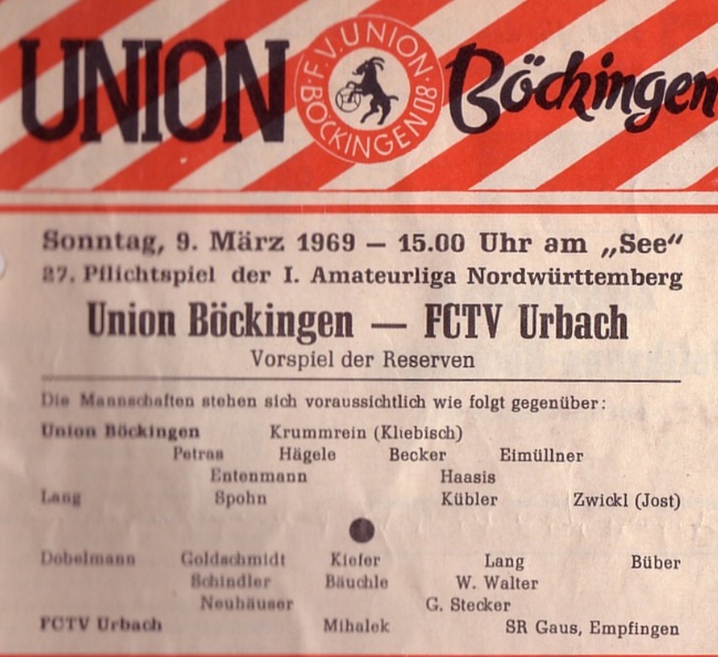 Union Boeckingen FCTV Urbach 09.03.1969 Eintrittskarte mit Mannschaftsaufstellung