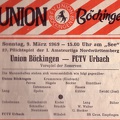 Union Boeckingen FCTV Urbach 09.03.1969 Eintrittskarte mit Mannschaftsaufstellung