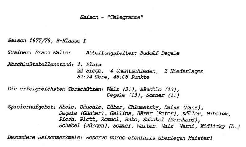 Saison Telegramm 1977 1978 Meistersaison