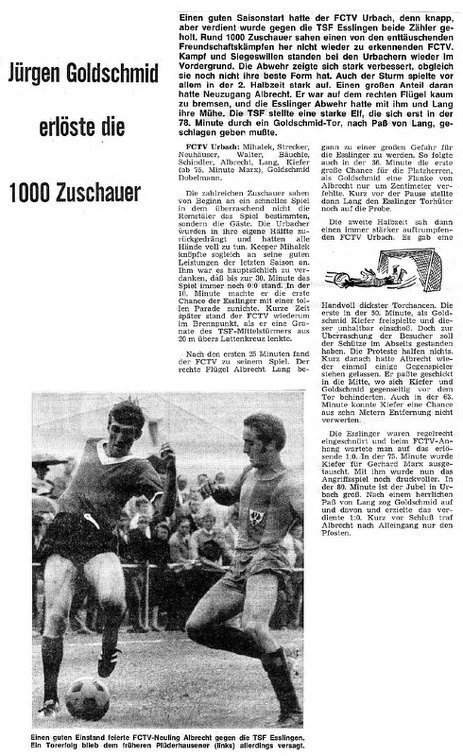 FCTV Urbach TSF Esslingen 17.08.1969 Bericht 2 mit Foto