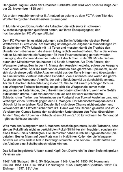 1. FC-TV Urbach Groesster Vereinserfolg Wuerttembergischer Pokalsieger 1958