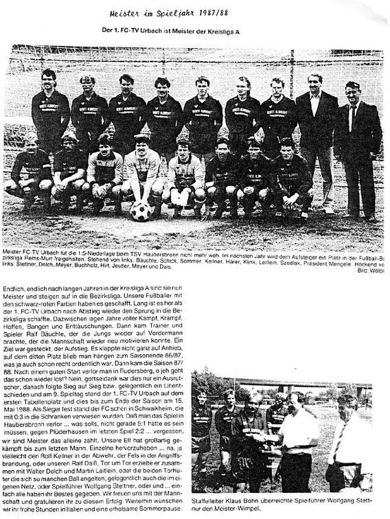 FC-TV Urbach Meister Saison 1987 1988