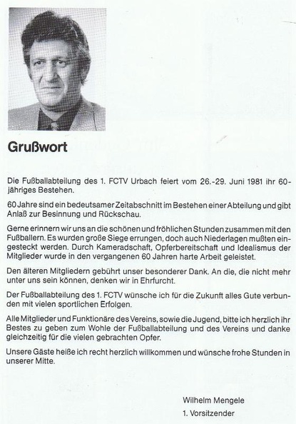 60 Jahre Fussball FCTV 1981 Grusswort von Wilhelm Mengele