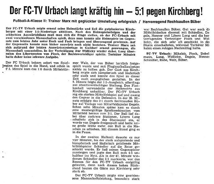 FCTV Urbach Svgg Kirchberg Saison 1974-75 ungeschnitten