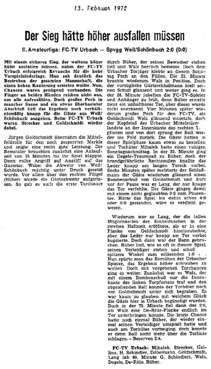 FCTV Urbach SpVgg Weil im Schoenbuch Saison 1971-72 13.02.1972