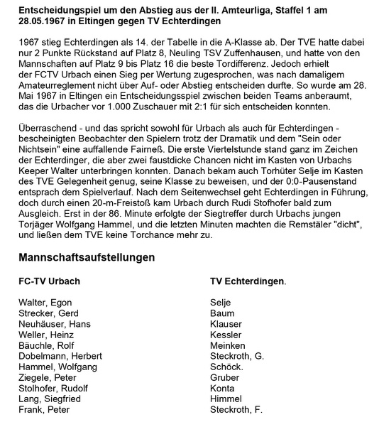 Entscheidungsspiel um den Abstieg aus der II. Amateurliaga 1967 in Eltingen gegen Echterdingen