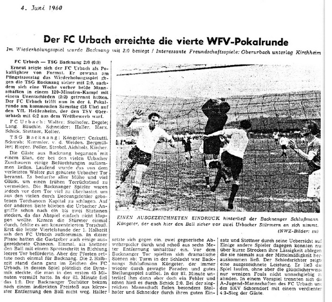 FCTV Urbach TSG Backnang Pokalspiel 04.06.1960