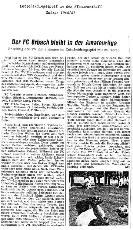 FCTV Urbach TV Echterdingen Entscheidungsspiel in Elttingen 28.05.1967 Zeitungsbericht
