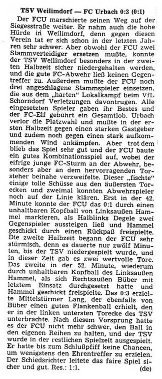 TSV Weilimdorf FCTV Urbach Saison 1967-68 2. Bericht