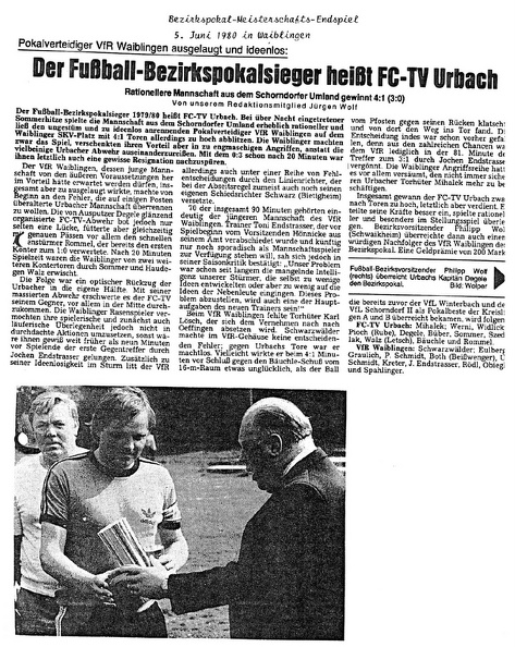 FCTV Urbach Bezirkspokalsieger 05.06.1980 in Waiblingen