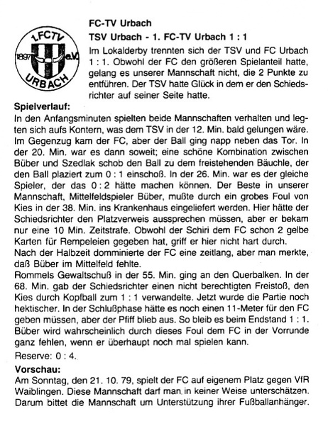 TSV Urbach FCTV Urbach Saislon 1979 80 14.10.1979