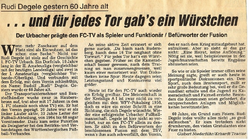 Degele Rudi Zeitungsbericht zum 60. Geburtstag 14.02.1988