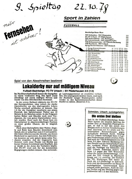 FCTV Urbach SV Pluederhausen Saison 1978 79 9. Spieltag 22.10.1978