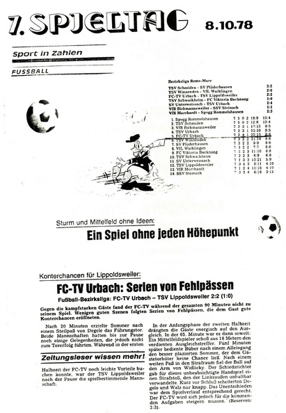 FCTV Urbach TSV Lippoldsweiler Saison 1978 79 7. Spieltag 08.10.1978