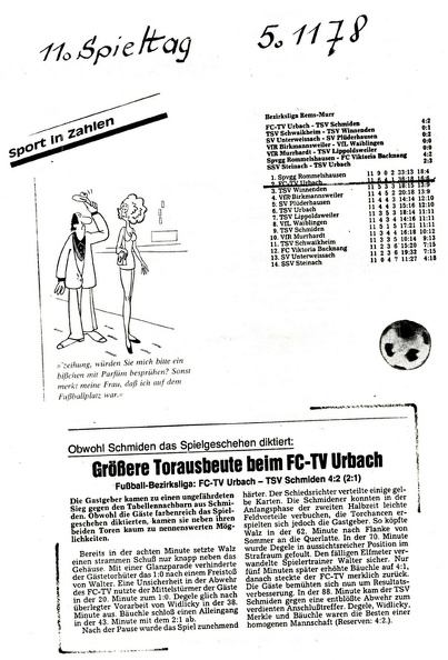 FCTV Urbach TSV Schmiden Saison 1978 79 11. Spieltag 05.11.1978