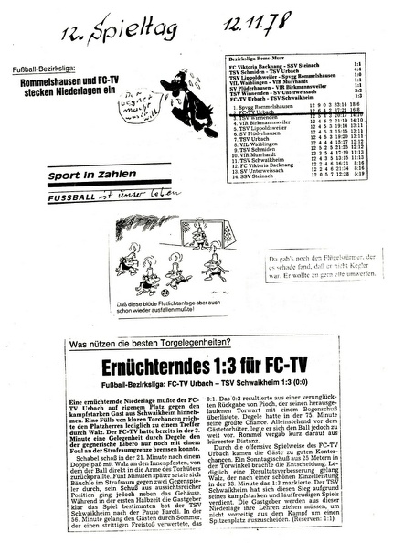 FCTV Urbach TSV Schwaikheim Saison 1978 79 12. Spieltag 12.11.1978