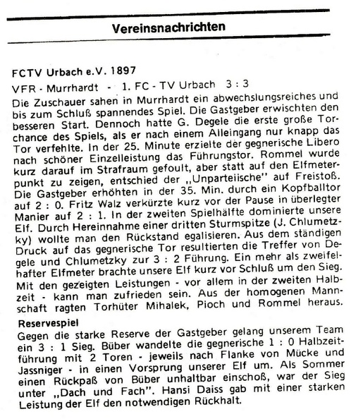 VfR Murrhardt FCTV Urbach Saison 1978 79 2. Spieltag 27.08.1978 2. Bericht