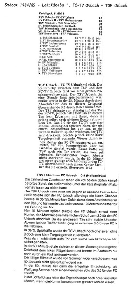 FCTV Urbach TSV Urbach Saison 1984 85 10. Spieltag
