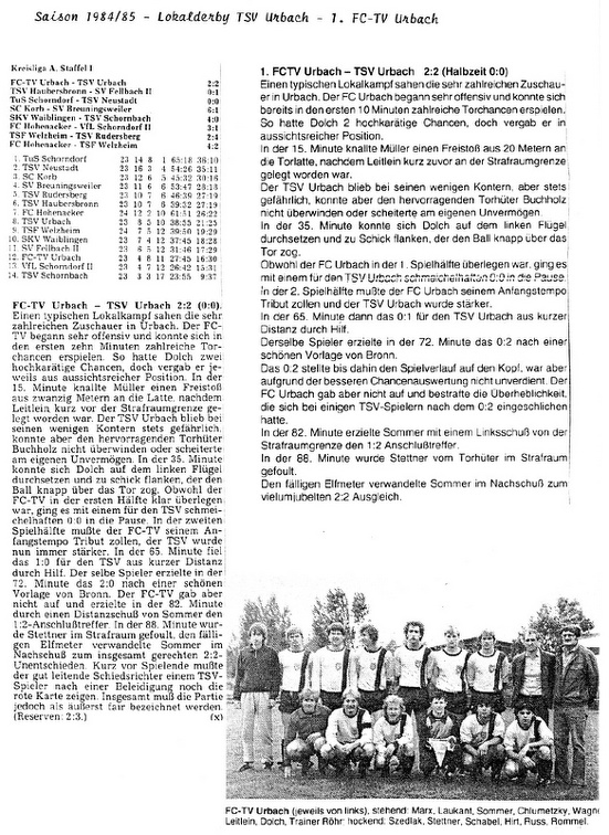 TSV Urbach FCTV Urbach Saison 1984 85 23. Spieltag