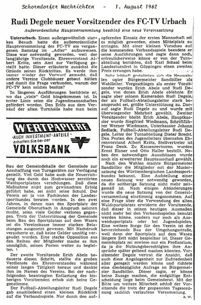 Ausserordentliche Hauptversammlung 28.07.1962 Rudi Degele neuer Vorsitzender