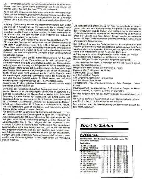 FCTV Urbach Bericht Hauptversammlung 1978 Meistersaison